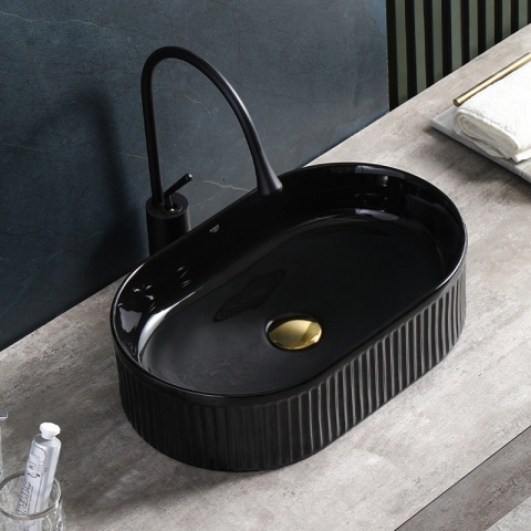 UMYWALKA NABLATOWA CERAMICZNA OWALNA RYFLOWANA ELIX-BL-490 CZARNY POŁYSK 49x31 CM