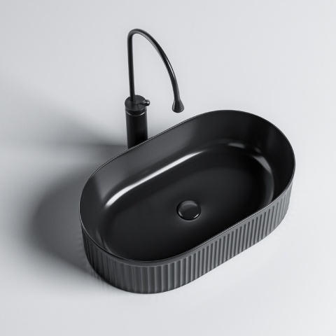 UMYWALKA NABLATOWA CERAMICZNA OWALNA RYFLOWANA ELIX-BL-490 CZARNY POŁYSK 49x31 CM