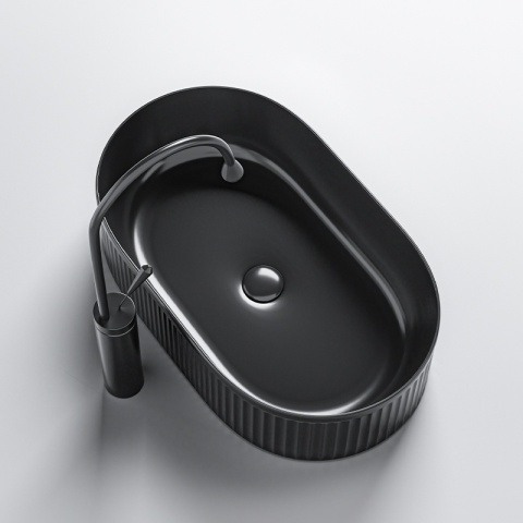 UMYWALKA NABLATOWA CERAMICZNA OWALNA RYFLOWANA ELIX-BL-490 CZARNY POŁYSK 49x31 CM