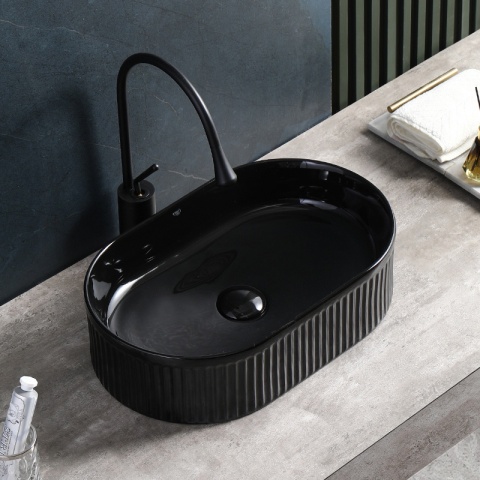 UMYWALKA NABLATOWA CERAMICZNA OWALNA RYFLOWANA ELIX-BL-490 CZARNY POŁYSK 49x31 CM