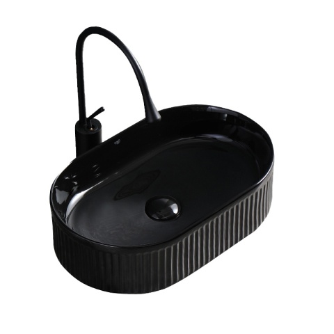 UMYWALKA NABLATOWA CERAMICZNA OWALNA RYFLOWANA ELIX-BL-490 CZARNY POŁYSK 49x31 CM