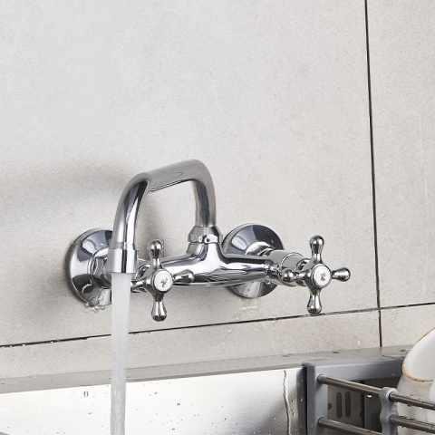 BATERIA KUCHENNA ŚCIENNA OBROTOWA DŁUGA WYLEWKA KRAN RETRO FLORA CHROM