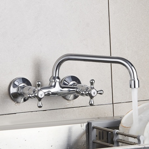 BATERIA KUCHENNA ŚCIENNA OBROTOWA DŁUGA WYLEWKA KRAN RETRO FLORA CHROM