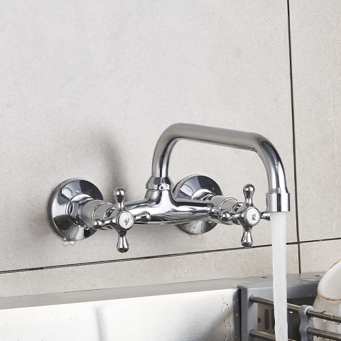 BATERIA KUCHENNA ŚCIENNA OBROTOWA DŁUGA WYLEWKA KRAN RETRO FLORA CHROM