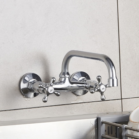 BATERIA KUCHENNA ŚCIENNA OBROTOWA DŁUGA WYLEWKA KRAN RETRO FLORA CHROM