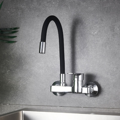 BATERIA KUCHENNA ŚCIENNA KRAN LARGO GIĘTKA CZARNA WYLEWKA PODSTAWA CHROM