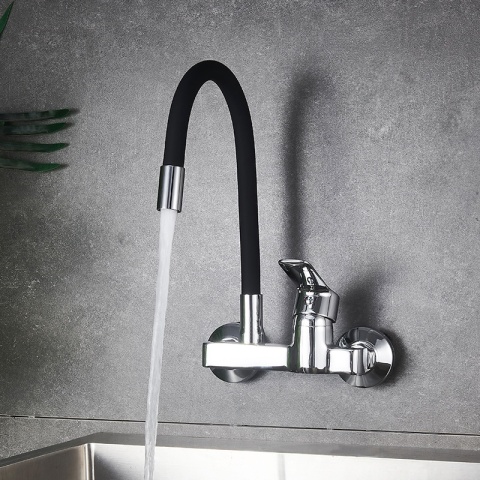 BATERIA KUCHENNA ŚCIENNA KRAN LARGO GIĘTKA CZARNA WYLEWKA PODSTAWA CHROM