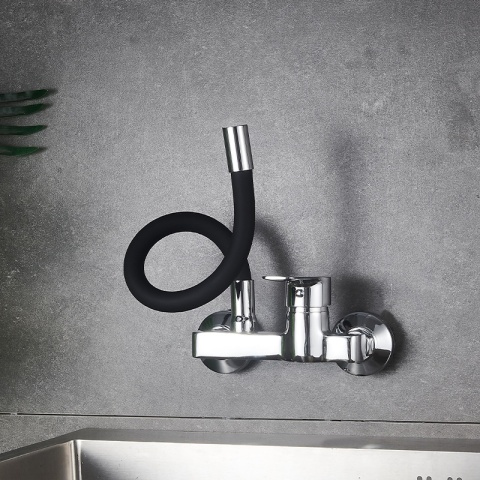 BATERIA KUCHENNA ŚCIENNA KRAN LARGO GIĘTKA CZARNA WYLEWKA PODSTAWA CHROM