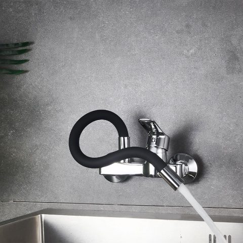 BATERIA KUCHENNA ŚCIENNA KRAN LARGO GIĘTKA CZARNA WYLEWKA PODSTAWA CHROM