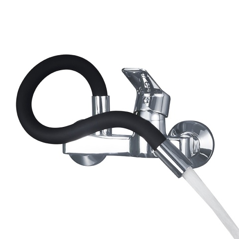 BATERIA KUCHENNA ŚCIENNA KRAN LARGO GIĘTKA CZARNA WYLEWKA PODSTAWA CHROM