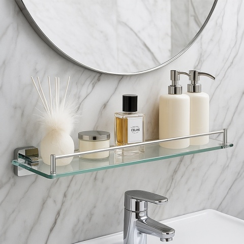 PÓŁKA ŁAZIENKOWA POD LUSTRO SZKLANA WISZĄCA MARGO-CH CHROM