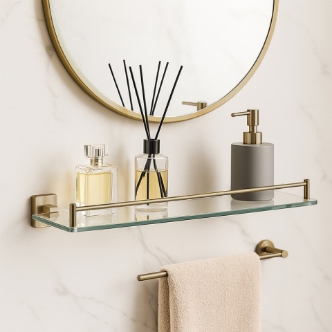 PÓŁKA ŁAZIENKOWA POD LUSTRO SZKLANA WISZĄCA MARGO-GL-BR ZŁOTA SZCZOTKOWANA