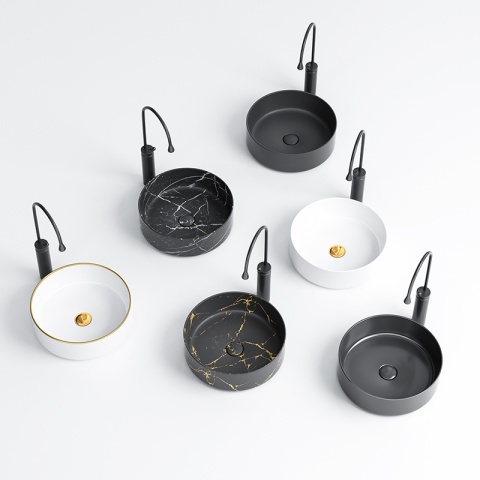 UMYWALKA NABLATOWA CERAMICZNA OKRĄGŁA LAVA-BL-RF-370 CZARNA RYFLOWANA 37x13 CM