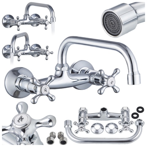 BATERIA KUCHENNA ŚCIENNA OBROTOWA DŁUGA WYLEWKA KRAN RETRO FLORA CHROM