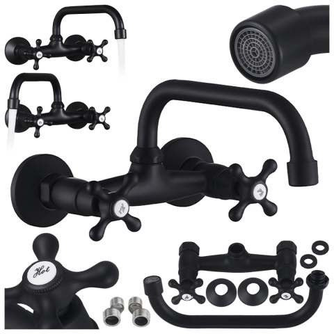 BATERIA KUCHENNA ŚCIENNA OBROTOWA DŁUGA WYLEWKA KRAN RETRO FLORA CZARNA