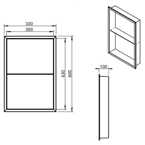 PÓŁKA ŁAZIENKOWA WNĘKOWA DUO Z KOŁNIERZEM CZARNA 60X30X10 CM