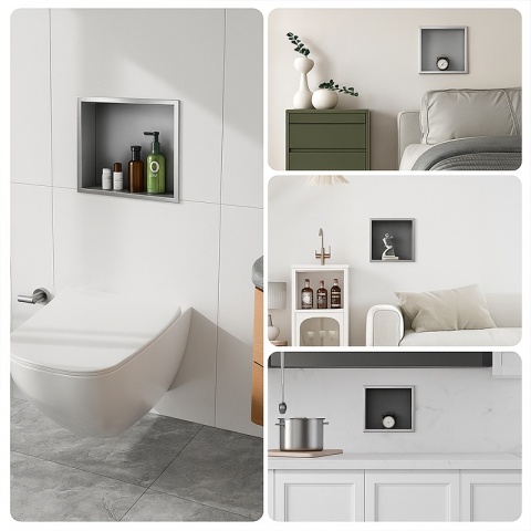 PÓŁKA ŁAZIENKOWA WNĘKOWA IGA Z KOŁNIERZEM CHROM 30X20X10 CM