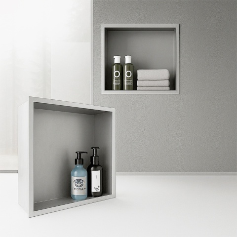 PÓŁKA ŁAZIENKOWA WNĘKOWA IGA Z KOŁNIERZEM CHROM 30X20X10 CM