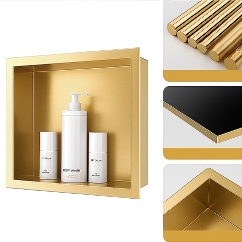 PÓŁKA ŁAZIENKOWA WNĘKOWA IGA Z KOŁNIERZEM ZŁOTA 30X30X10 CM