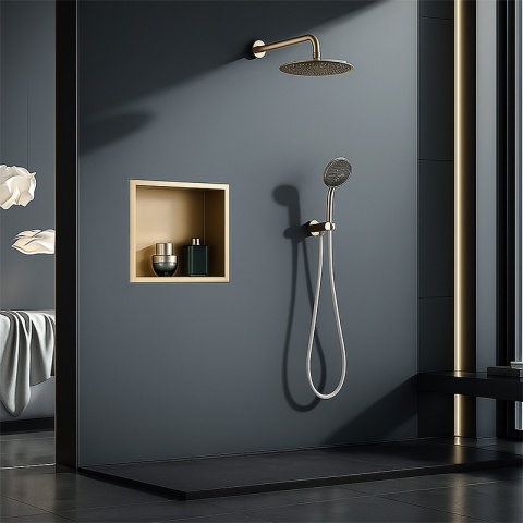 PÓŁKA ŁAZIENKOWA WNĘKOWA IGA Z KOŁNIERZEM ZŁOTA 30X30X7 CM