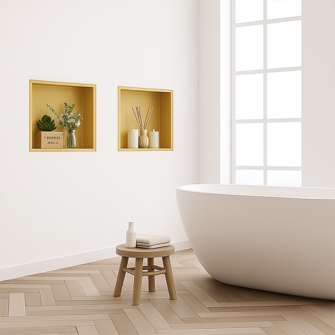 PÓŁKA ŁAZIENKOWA WNĘKOWA IGA Z KOŁNIERZEM ZŁOTA 30X30X7 CM