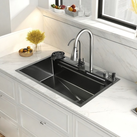 ZLEWOZMYWAK JEDNOKOMOROWY WIELOFUNKCYJNY COBA 75X46 CZARNY ZLEW KUCHENNY STALOWY