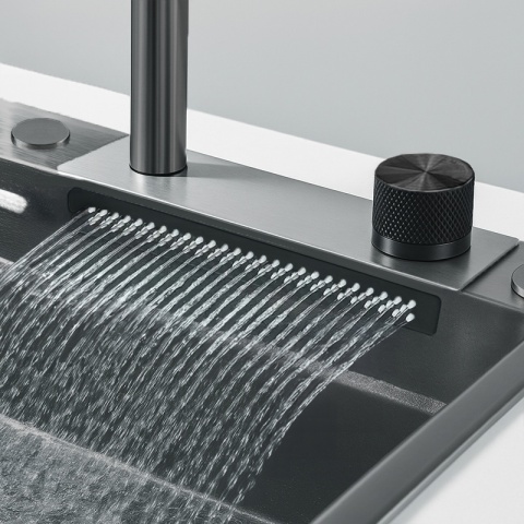 ZLEW KUCHENNY JEDNOKOMOROWY Z WODOSPADEM WIELOFUNKCYJNY GRAFITOWY TOKIO-BL-75X46