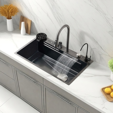 ZLEW KUCHENNY JEDNOKOMOROWY Z WODOSPADEM WIELOFUNKCYJNY GRAFITOWY TOKIO-BL-75X46