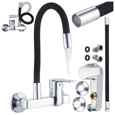 BATERIA KUCHENNA ŚCIENNA KRAN LARGO GIĘTKA CZARNA WYLEWKA PODSTAWA CHROM