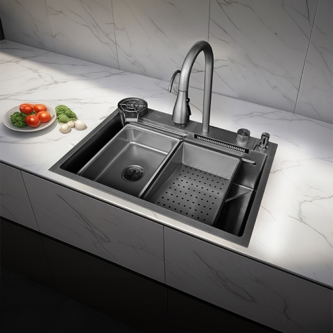 ZLEW KUCHENNY JEDNOKOMOROWY Z WODOSPADEM WIELOFUNKCYJNY CZARNY COSTA-BL-68X46