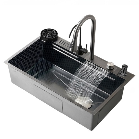 ZLEW KUCHENNY JEDNOKOMOROWY Z WODOSPADEM WIELOFUNKCYJNY GRAFITOWY TOKIO-BL-68X46