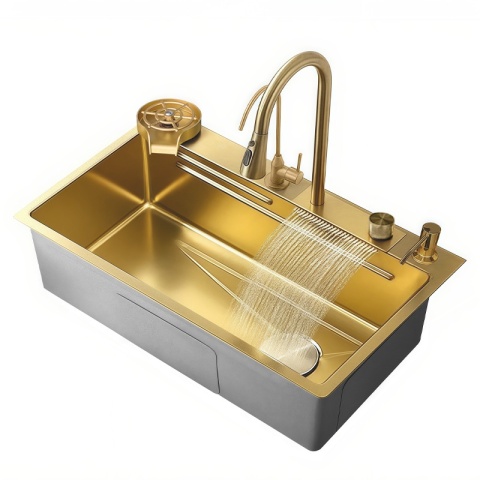 ZLEW KUCHENNY JEDNOKOMOROWY Z WODOSPADEM WIELOFUNKCYJNY ZŁOTY COSTA-GL-68X46