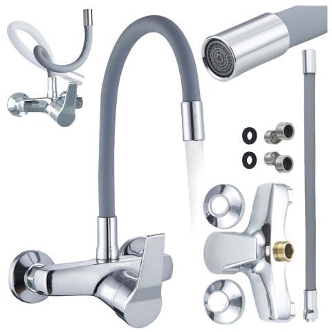 BATERIA KUCHENNA ŚCIENNA EBRO GIĘTKA SZARA WYLEWKA PODSTAWA CHROM