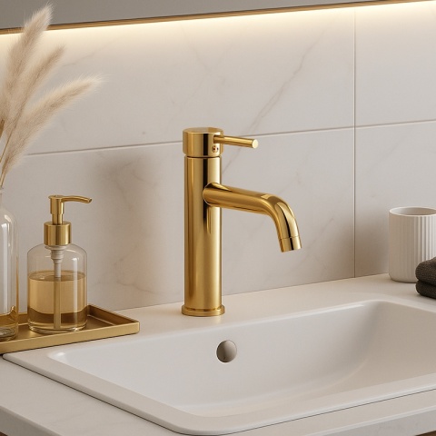 BATERIA UMYWALKOWA STOJĄCA WYSOKA NABLATOWA ŁAZIENKOWA KRAN CARO-GL ZŁOTA