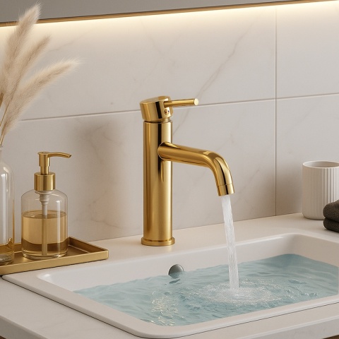 BATERIA UMYWALKOWA STOJĄCA WYSOKA NABLATOWA ŁAZIENKOWA KRAN CARO-GL ZŁOTA