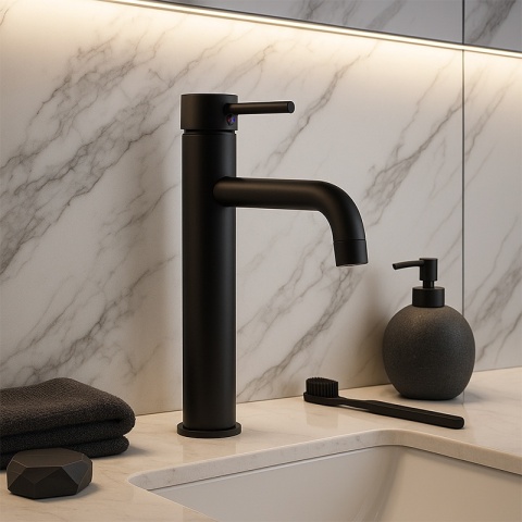 BATERIA UMYWALKOWA STOJĄCA WYSOKA NABLATOWA ŁAZIENKOWA KRAN CAROH-BL CZARNA