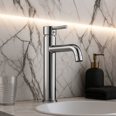 BATERIA UMYWALKOWA STOJĄCA WYSOKA NABLATOWA ŁAZIENKOWA KRAN CAROH-CH CHROM