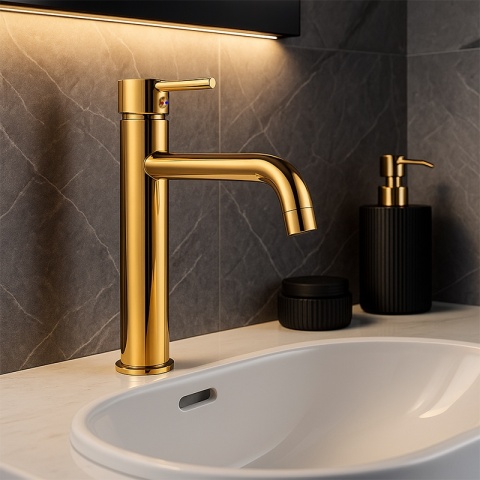 BATERIA UMYWALKOWA STOJĄCA WYSOKA NABLATOWA ŁAZIENKOWA KRAN CAROH-GL ZŁOTA