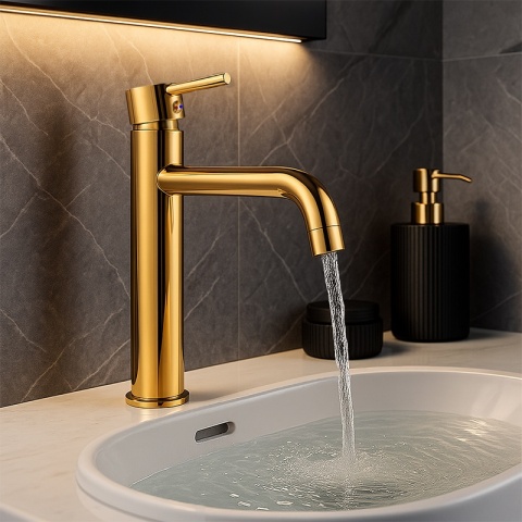 BATERIA UMYWALKOWA STOJĄCA WYSOKA NABLATOWA ŁAZIENKOWA KRAN CAROH-GL ZŁOTA