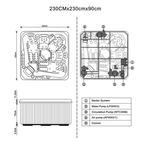 JACUZZI OGRODOWE WANNA SPA755 CAPPUCCINO OBUDOWA BRĄZOWA DESKA F21 230X230 CM
