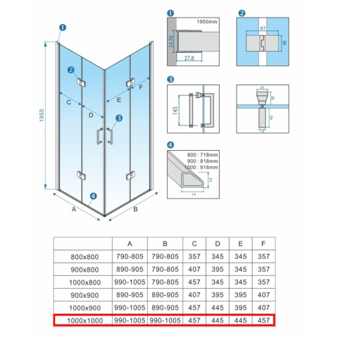KABINA PRYSZNICOWA KWADRATOWA ZES-KZ08D-GL-100 ZŁOTA 100x100 CM
