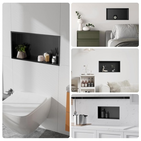 PÓŁKA ŁAZIENKOWA WNĘKOWA IGA Z KOŁNIERZEM CZARNA 45X20X10 CM