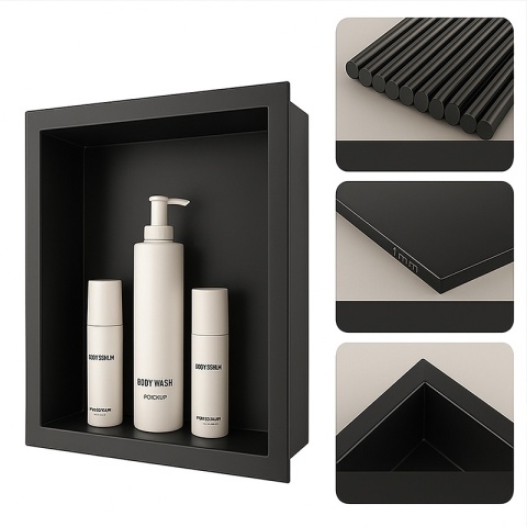 PÓŁKA ŁAZIENKOWA WNĘKOWA IGA Z KOŁNIERZEM CZARNA 45X20X10 CM