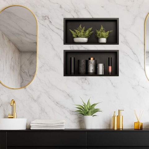 PÓŁKA ŁAZIENKOWA WNĘKOWA IGA Z KOŁNIERZEM CZARNA 45X20X10 CM