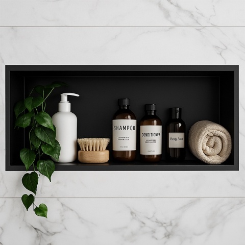 PÓŁKA ŁAZIENKOWA WNĘKOWA IGA Z KOŁNIERZEM CZARNA 45X20X10 CM