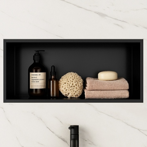 PÓŁKA ŁAZIENKOWA WNĘKOWA IGA Z KOŁNIERZEM CZARNA 45X20X10 CM