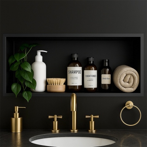 PÓŁKA ŁAZIENKOWA WNĘKOWA IGA Z KOŁNIERZEM CZARNA 45X20X10 CM