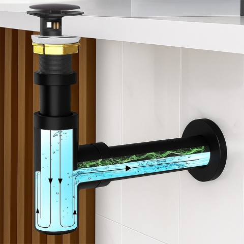 SYFON UMYWALKOWY METALOWY MIKE-BL + KOREK KLIK-KLAK Z PRZELEWEM SZCZOTKOWANA STAL ZESTAW