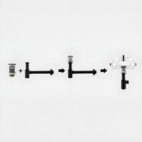 SYFON UMYWALKOWY METALOWY MIKE-BL + KOREK KLIK-KLAK Z PRZELEWEM SZCZOTKOWANA STAL ZESTAW