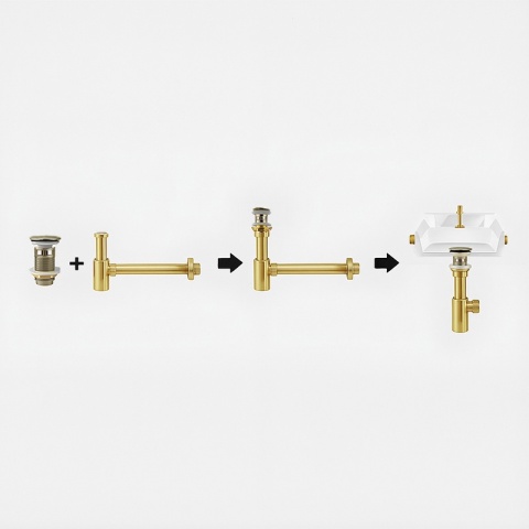 SYFON UMYWALKOWY METALOWY MIKE-GL + KOREK KLIK-KLAK Z PRZELEWEM ZŁOTY SZCZOTKOWANY ZESTAW